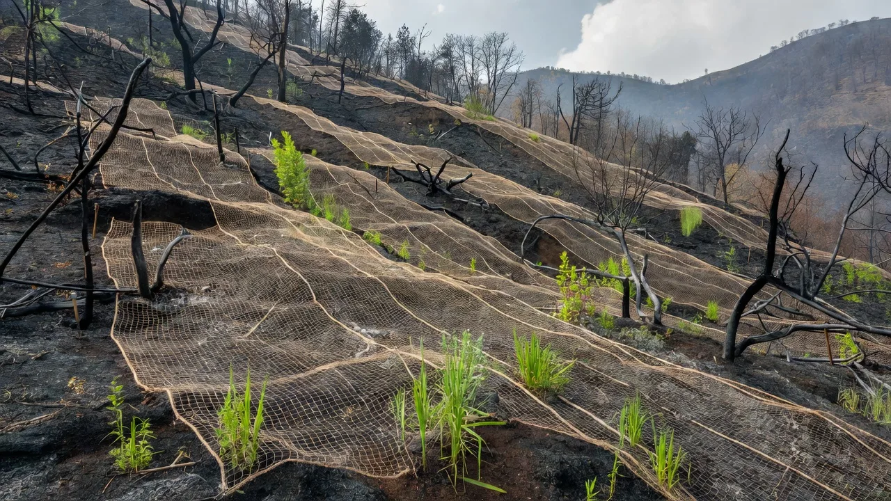 山火事跡地の復旧エリアに施工された天然繊維資材のイメージ